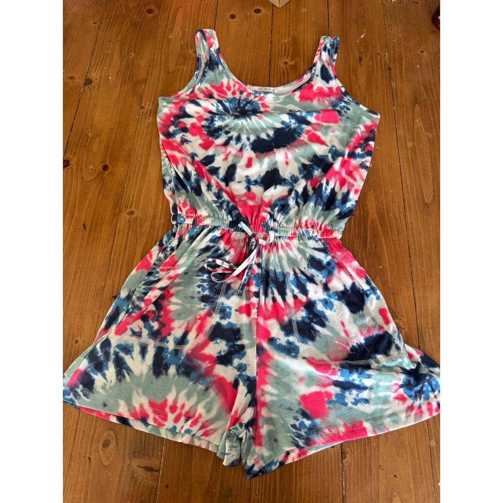 REORIA Tie Dye Romper Jumpsuit Women Small Blue‎ Pink Green Spaghetti Strap